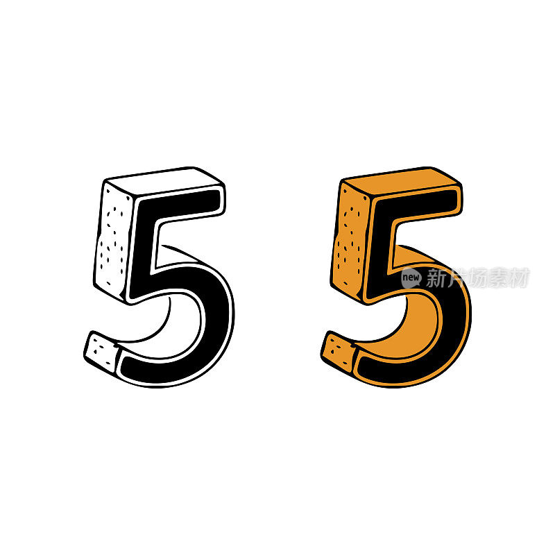 Isometric number 5 doodle vector illustration on white background. Number clip art.